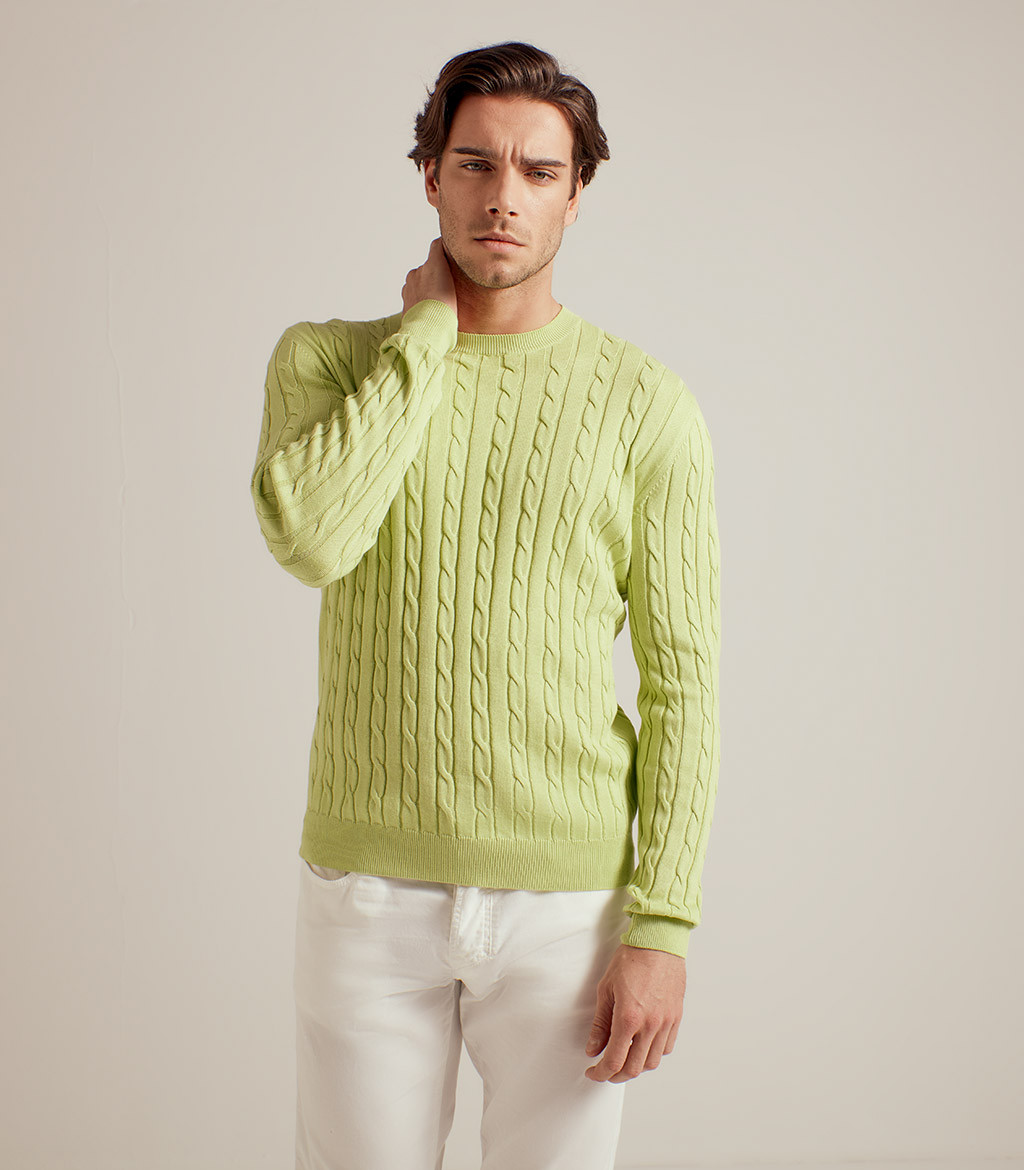 PASTEL GREEN COTTON CREWNECK CABLE SWEATER