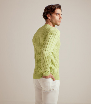 PASTEL GREEN COTTON CREWNECK CABLE SWEATER
